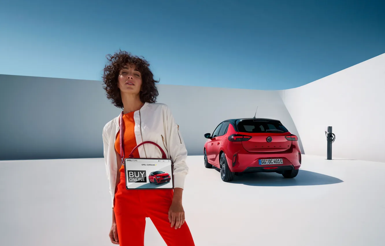 Photo wallpaper Red, Girl, Opel, Opel Corsa, 2022, Supermini Car, Supermini car