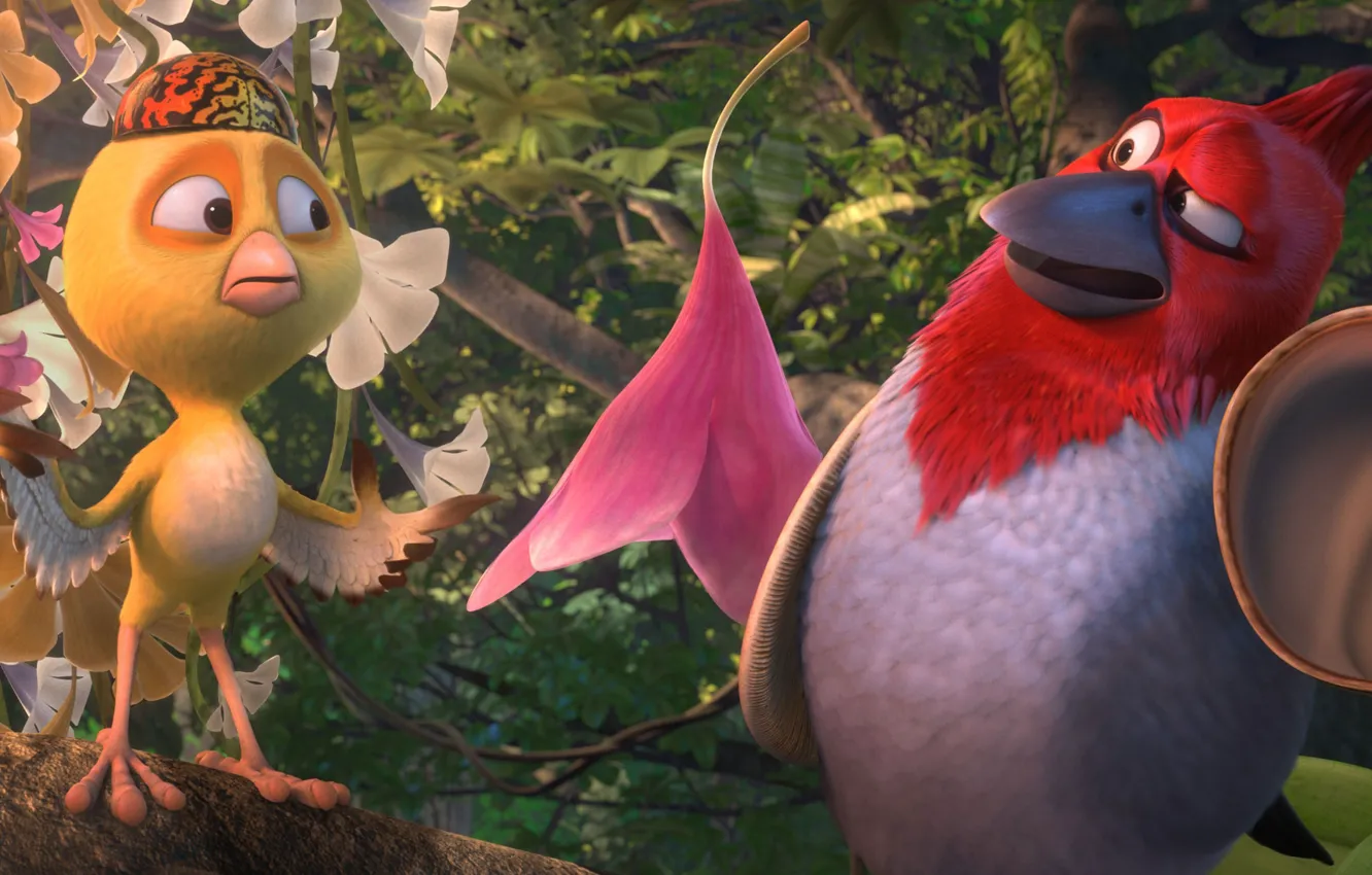 Photo wallpaper cinema, flower, trees, hat, wings, feathers, birds, cartoon