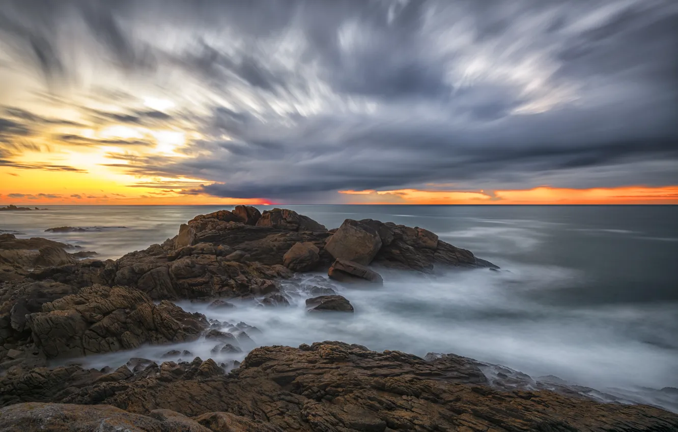 Photo wallpaper sea, clouds, overcast, rocks