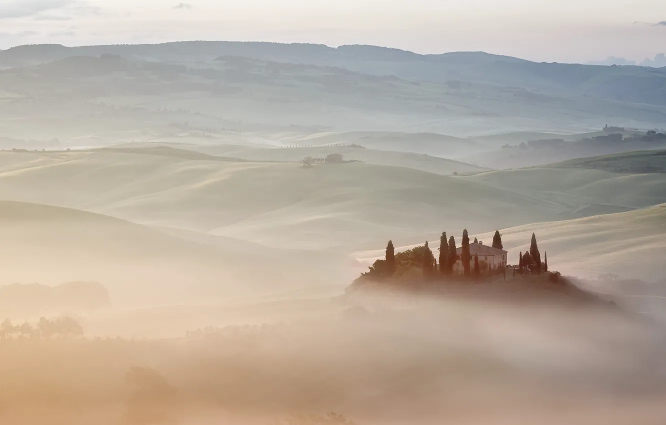 Photo wallpaper Italy, Tuscany, Fog vs. Mist, Belvedere Villa
