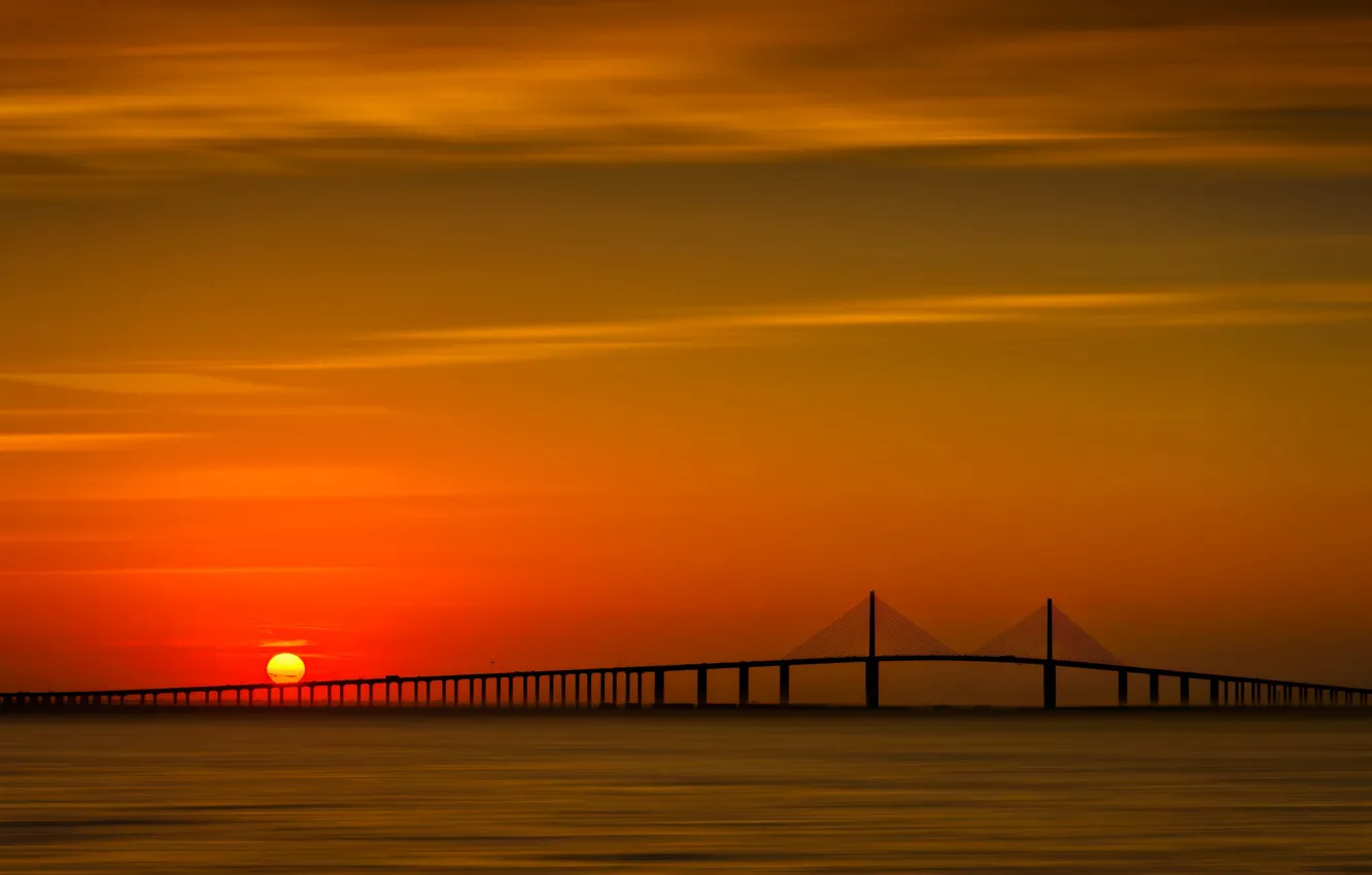 Photo wallpaper the sun, sunset, FL, silhouette, USA, cable-stayed bridge, Terra CEIA
