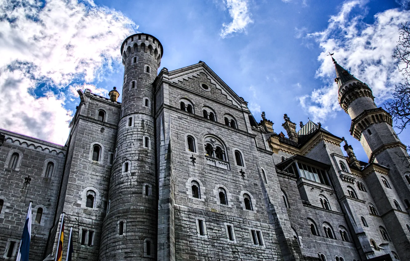 Photo wallpaper the sky, clouds, castle, tower, Germany, Bayern, Neuschwanstein