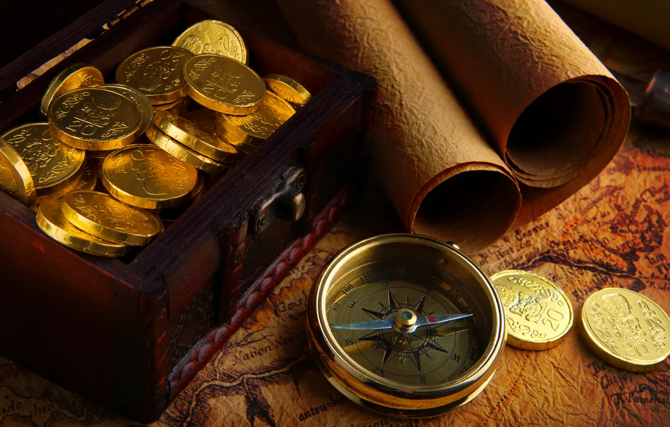 Photo wallpaper gold, map, compass, doubloons