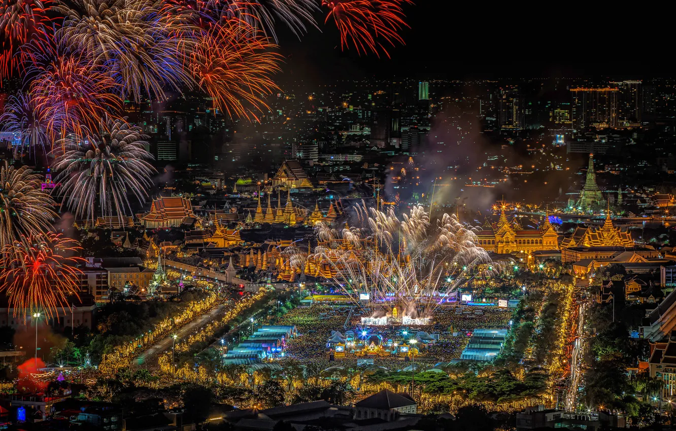 Photo wallpaper night, lights, holiday, salute, panorama, Thailand, fireworks, Bangkok