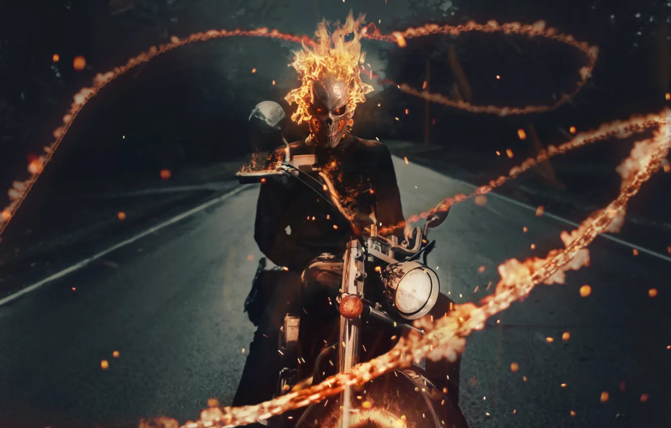 Photo wallpaper Skull, Fire, Chain, Bike, Motorcycle, Ghost Rider, Ghost rider, Flame