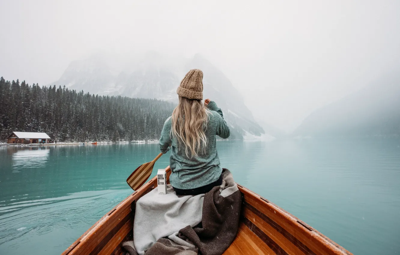 Photo wallpaper winter, girl, fog, lake, boat, hair, back, winter