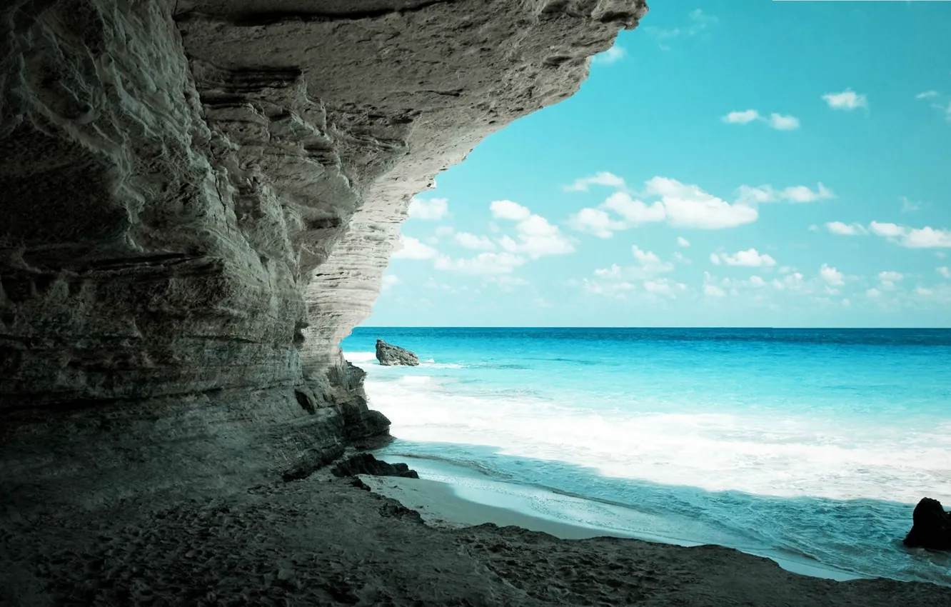 Photo wallpaper sand, clouds, landscape, the ocean, shore, azure