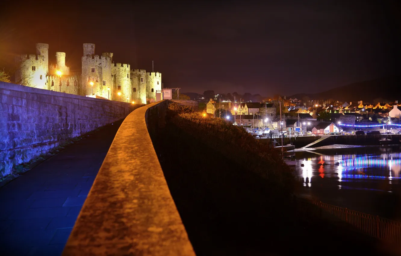 Photo wallpaper night, lights, tower, Wales, Deganwy