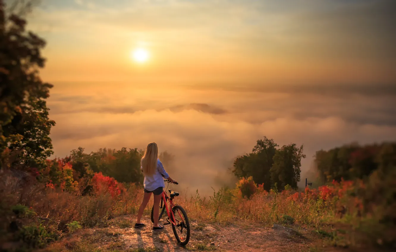 Photo wallpaper girl, landscape, bike, beauty