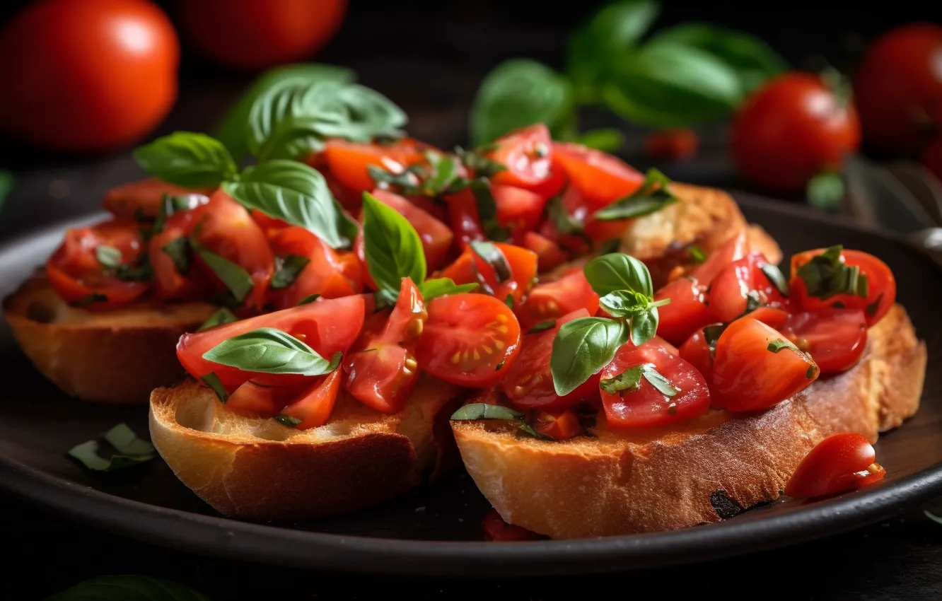 Photo wallpaper food, bread, vegetables, tomatoes, slices, dish, sandwiches, appetizer
