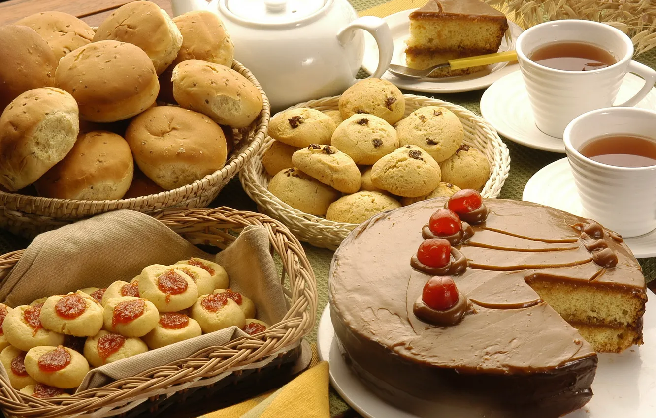 Photo wallpaper cherry, tea, coffee, food, chocolate, cookies, strawberry, mug