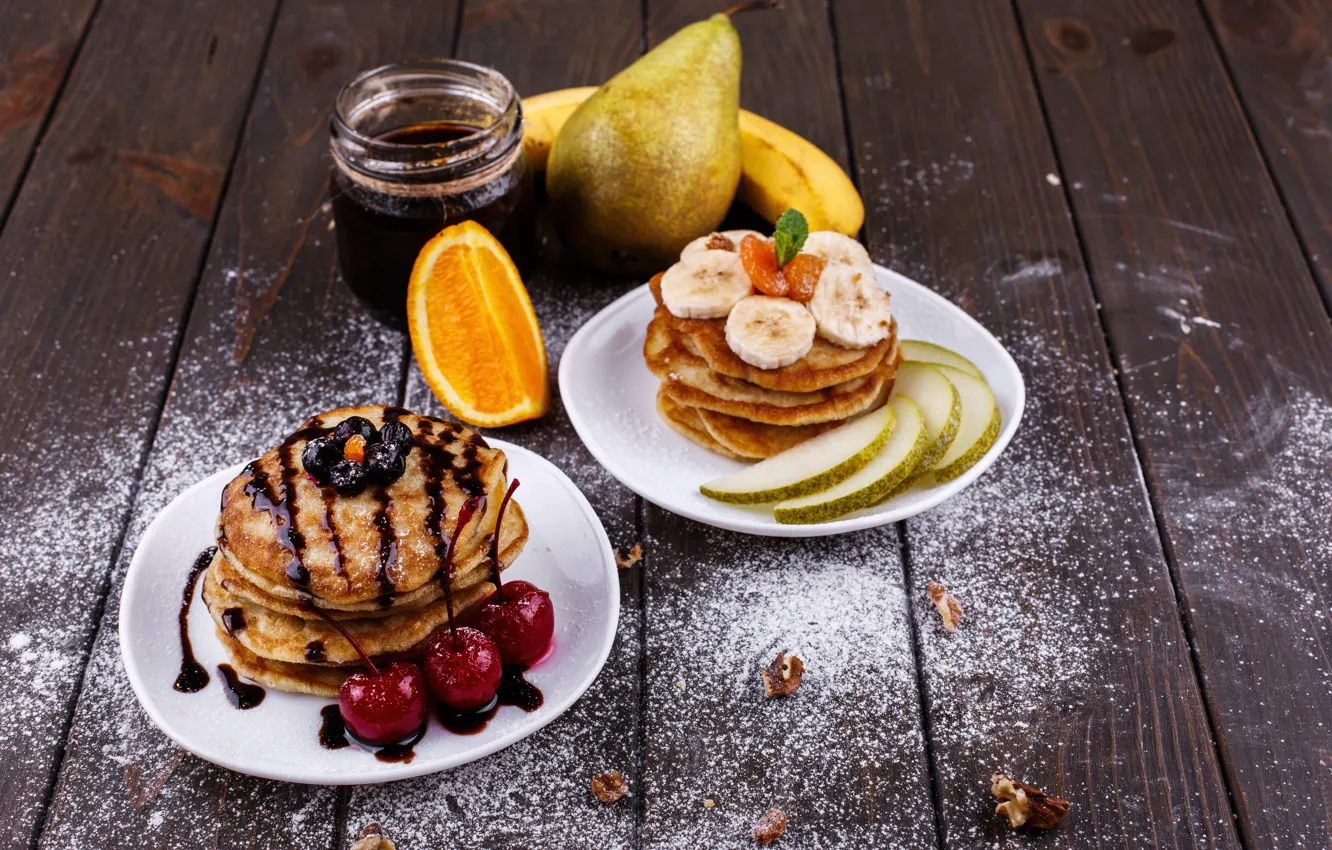 Photo wallpaper orange, food, Breakfast, banana, jam, chocolate, pears, breakfast