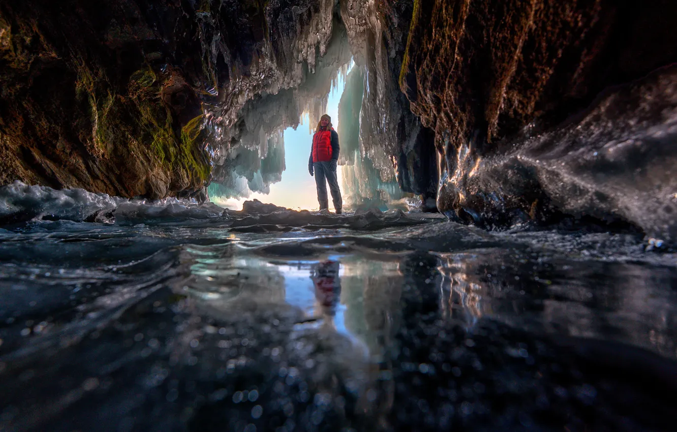 Photo wallpaper ice, winter, lake, woman, Baikal, the grotto, Eduard Gordeev