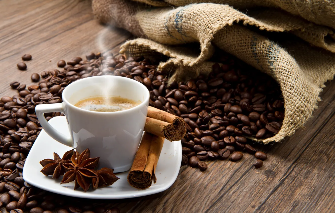 Photo wallpaper coffee, Cup, cinnamon, coffee beans, coffee, Anis