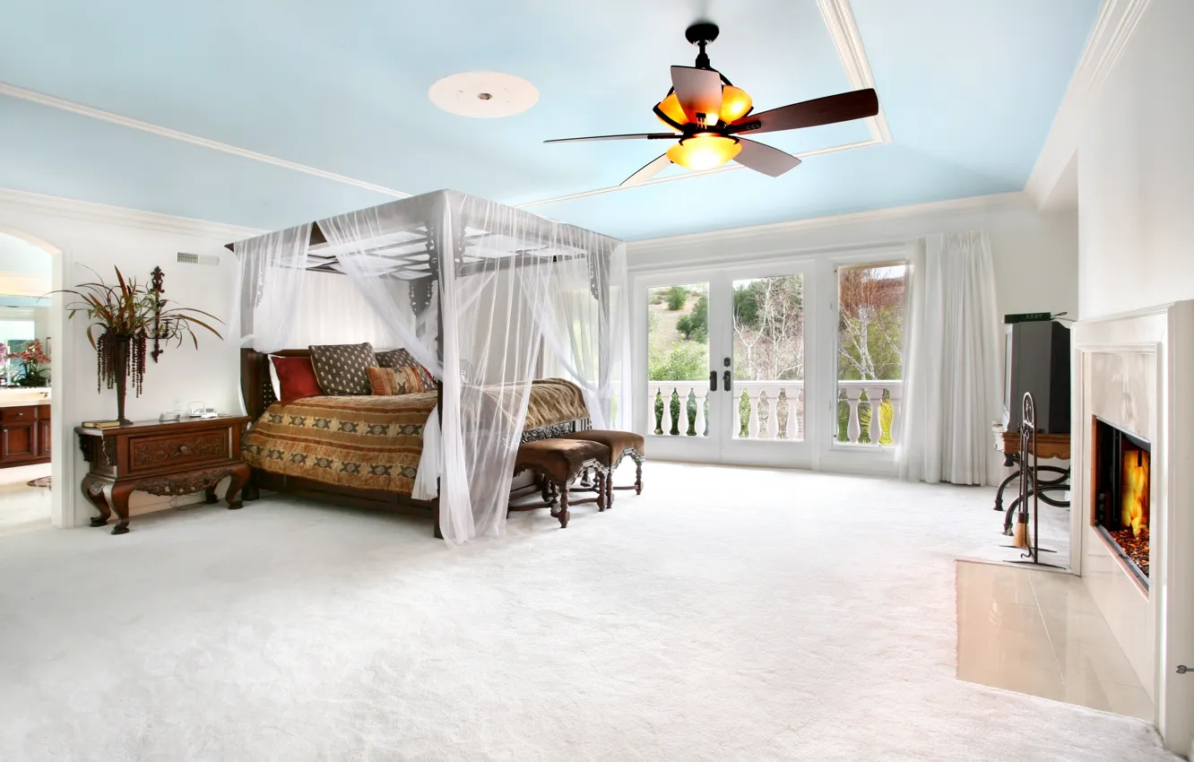 Photo wallpaper comfort, heat, room, plant, bed, TV, window, chandelier