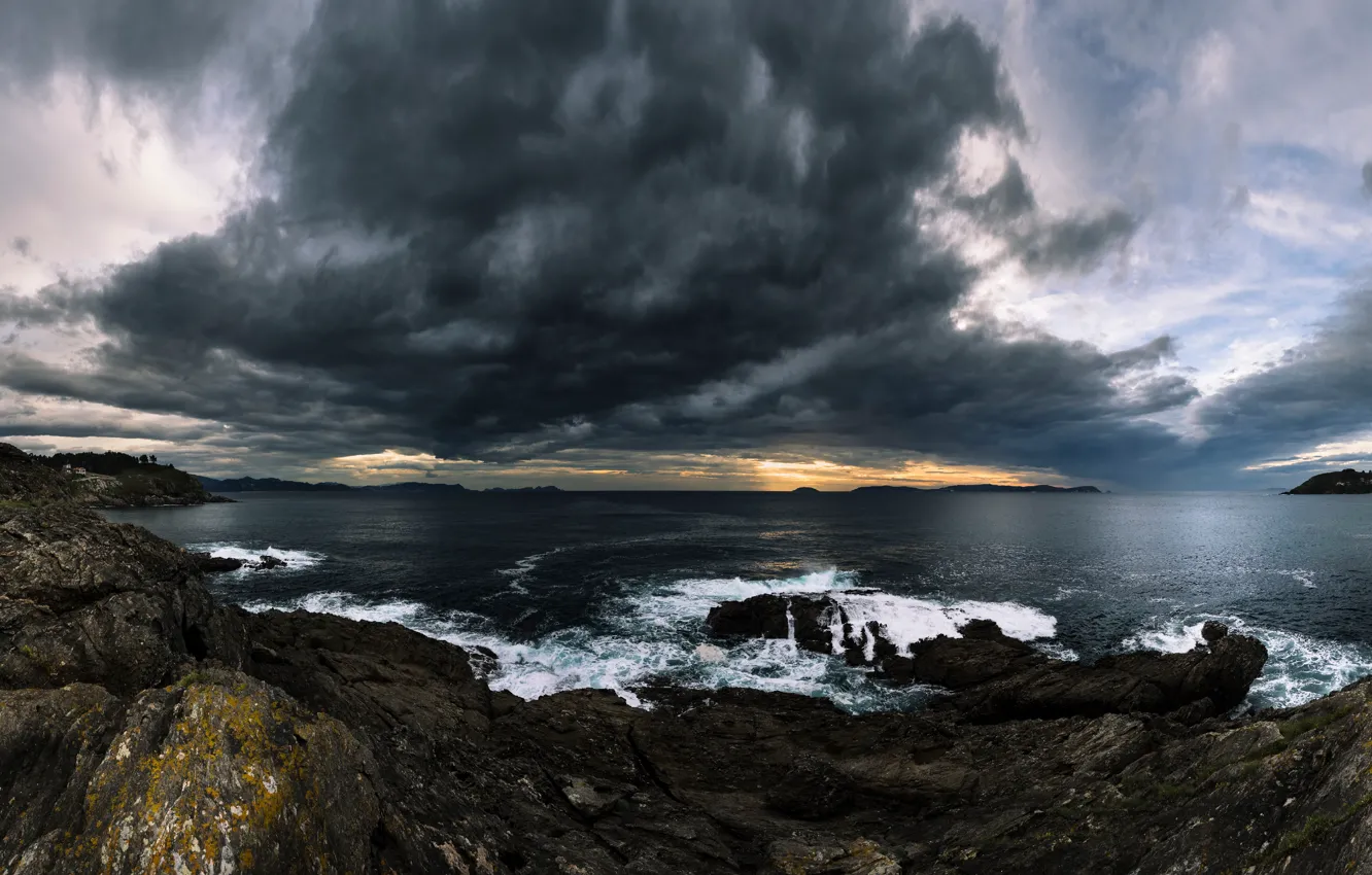 Photo wallpaper sea, the storm, wave, the sky, clouds, clouds, storm, stones