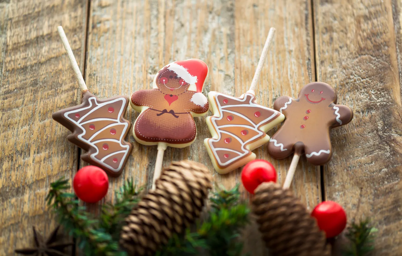 Photo wallpaper fir-tree branches, new year, holiday, gingerbread