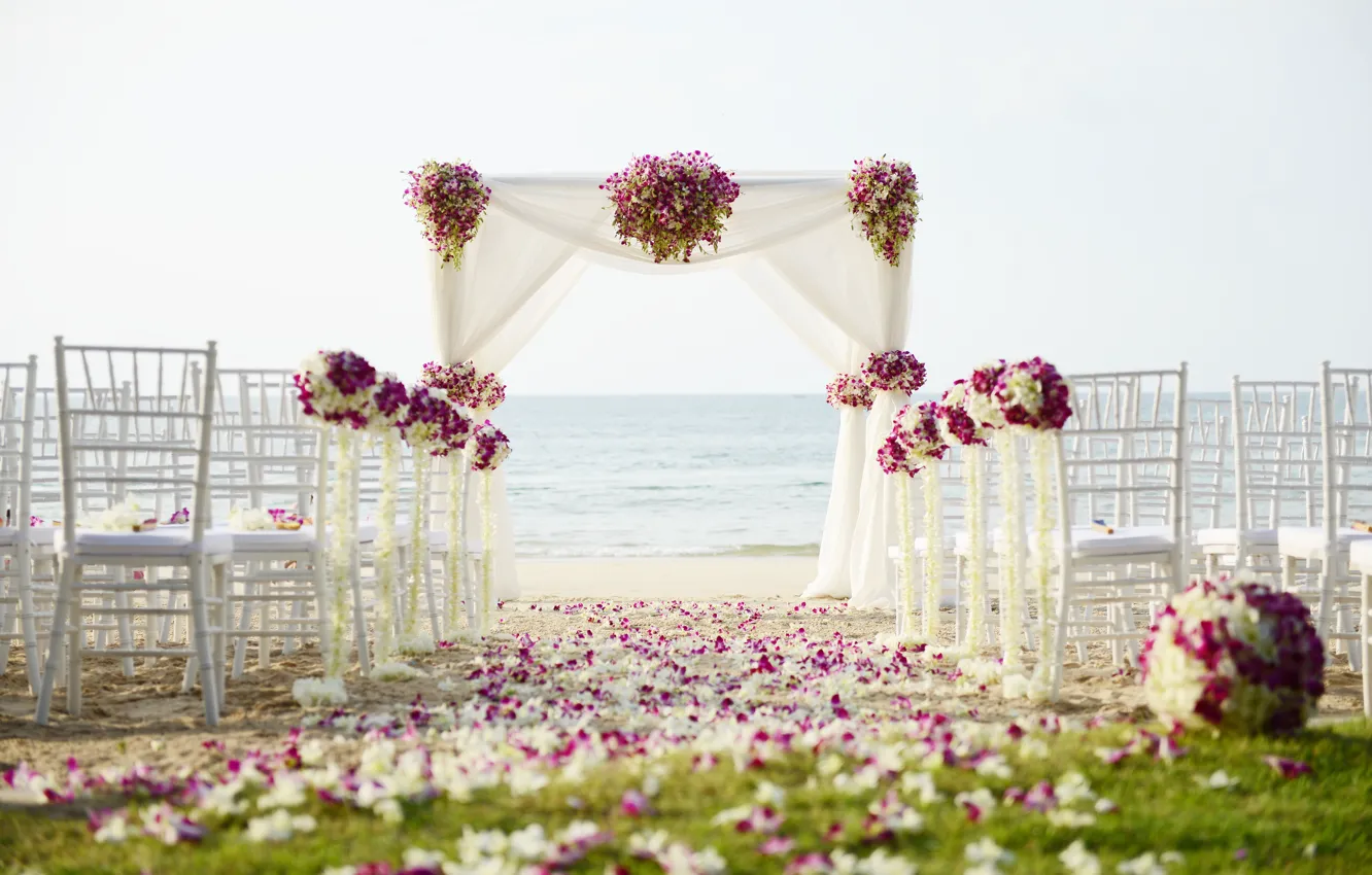 Photo wallpaper sand, sea, flowers, nature, tropics, coast, chairs, gazebo