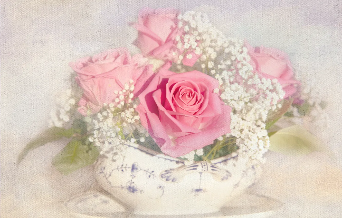 Photo wallpaper roses, bouquet, dishes, pink