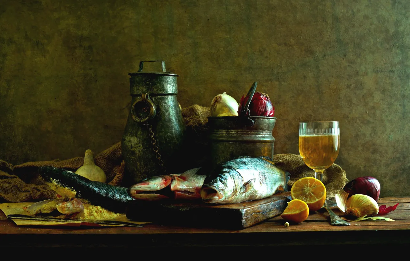 Photo wallpaper lemon, glass, fish, bow