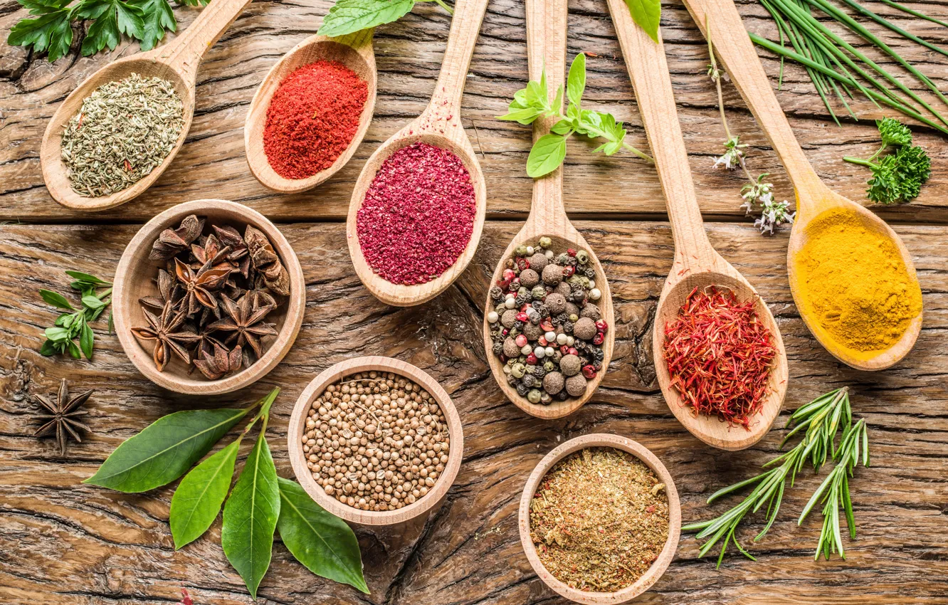 Photo wallpaper greens, spices, Wooden spoons