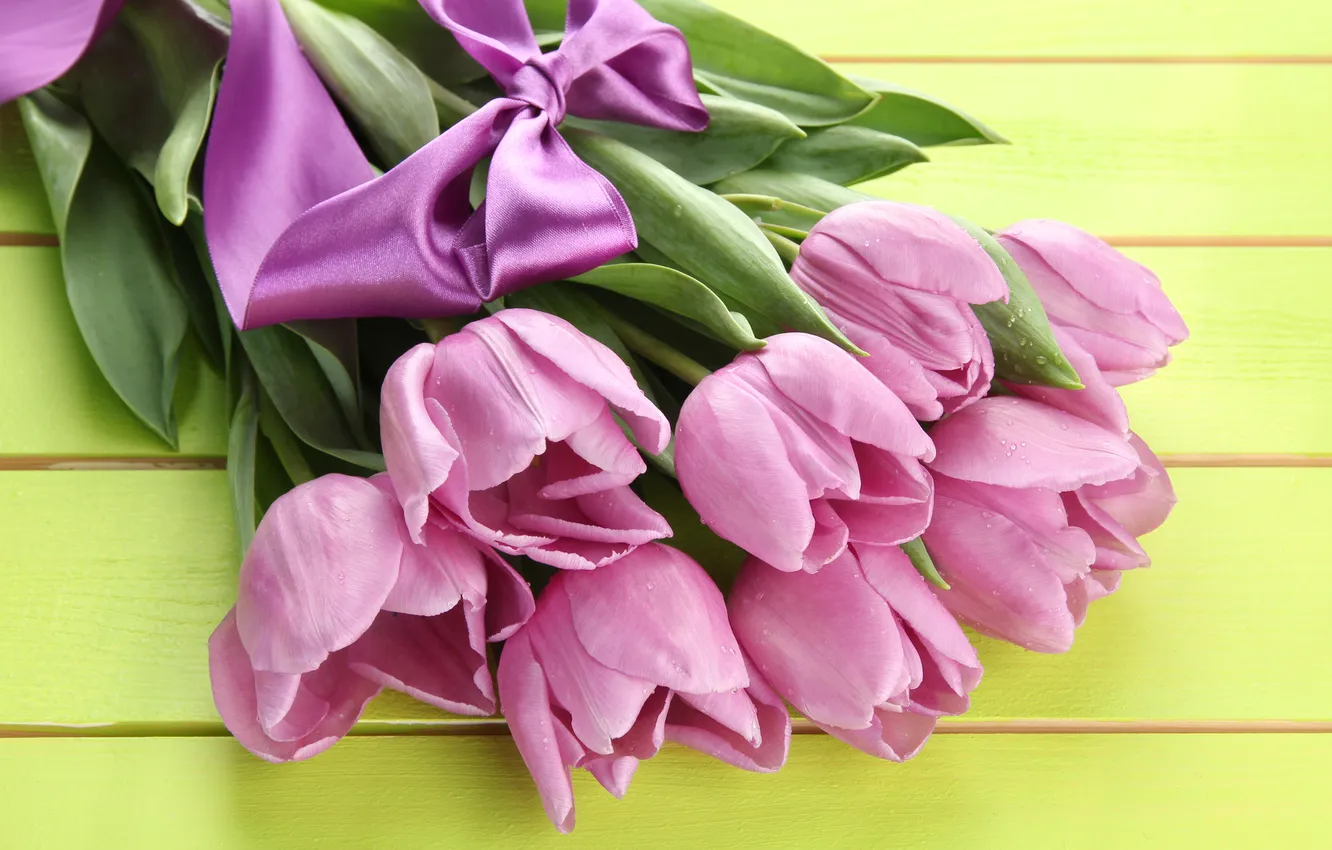 Photo wallpaper flowers, bouquet, tape, tulips, pink, wood, pink, flowers