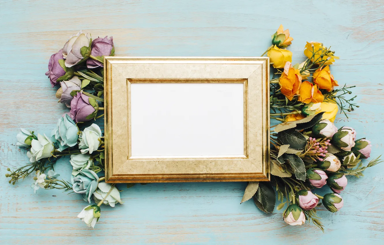 Photo wallpaper flowers, frame, Beautiful, Blue, flower, wood, flowers, background