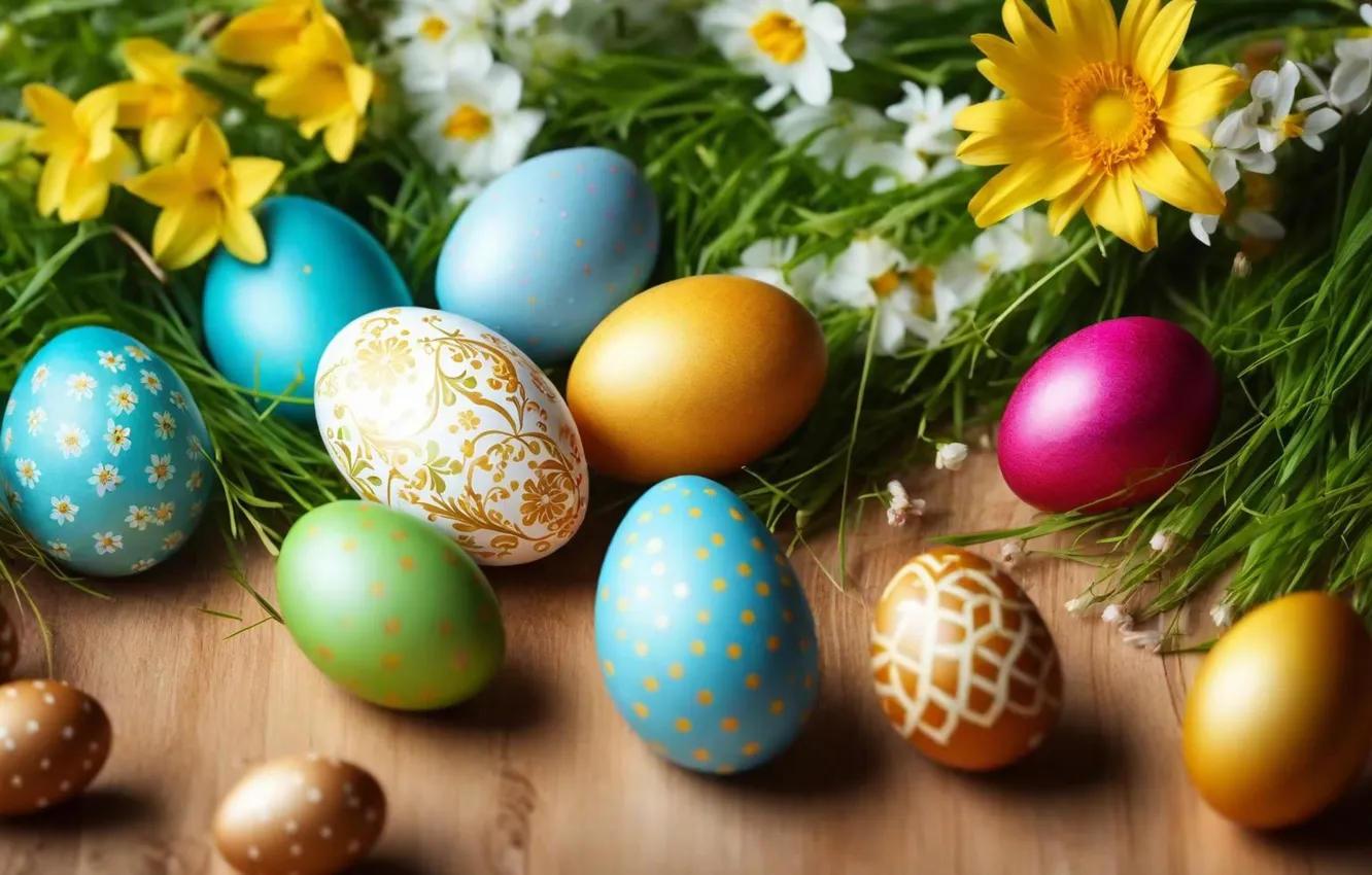 Photo wallpaper flowers, eggs, spring, colorful, Easter, happy, flowers, spring