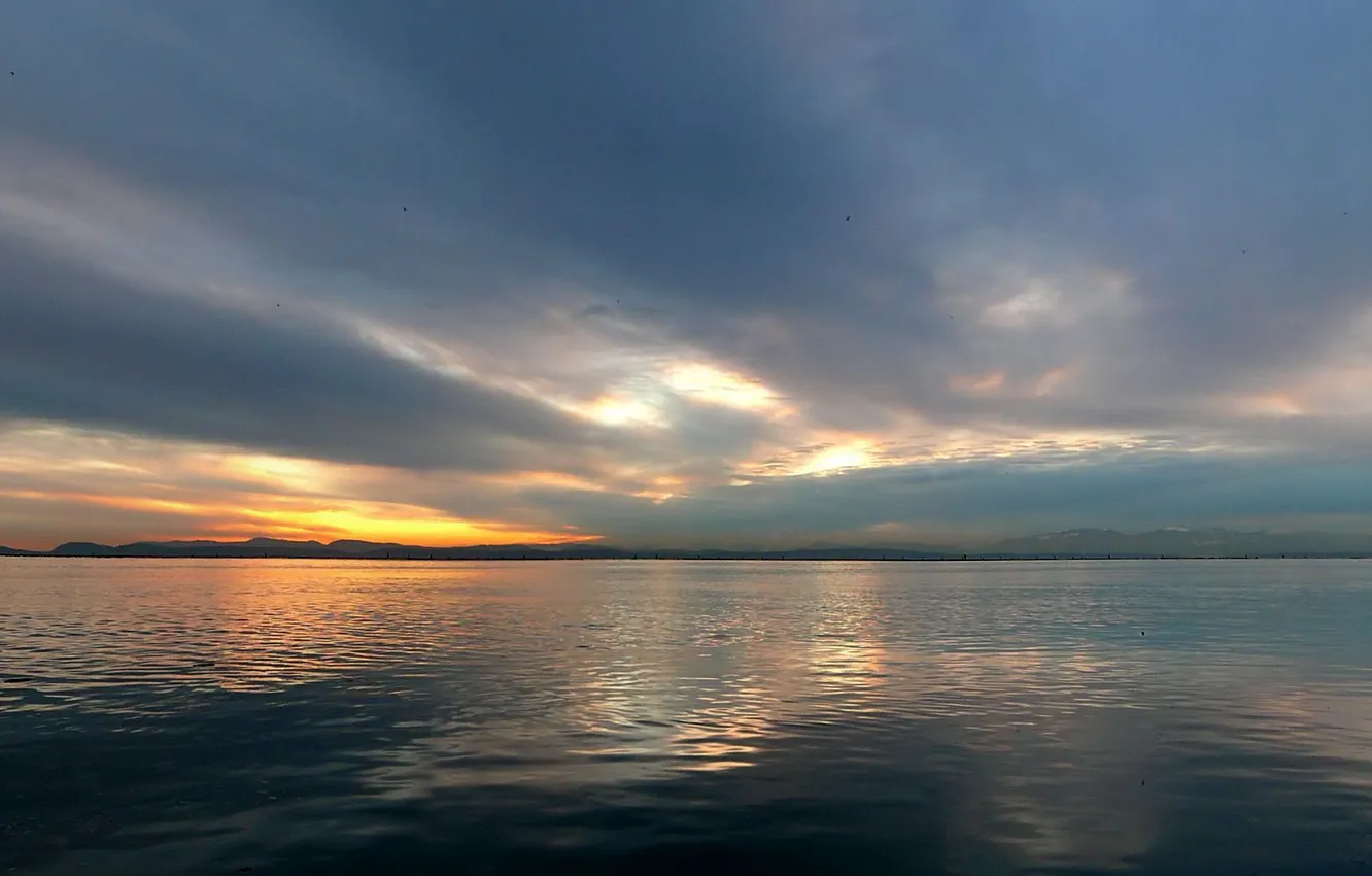 Photo wallpaper Sunset, Water, Clouds, horizon