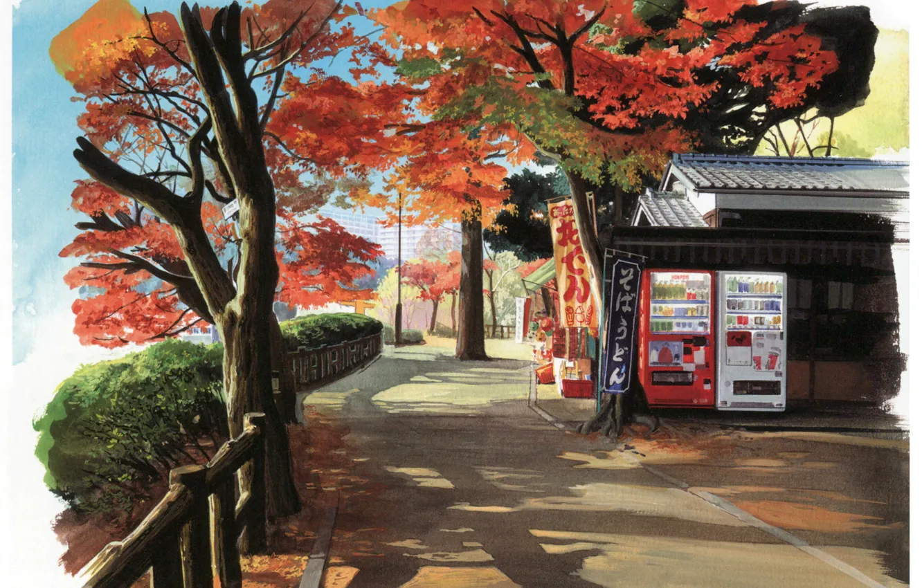 Photo wallpaper autumn, trees, street, Japan, shadow, signs, shop, art