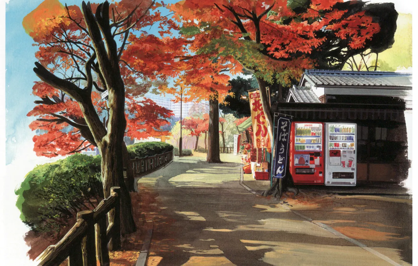 Photo wallpaper autumn, trees, street, shadow, Japan, sign, shop, art