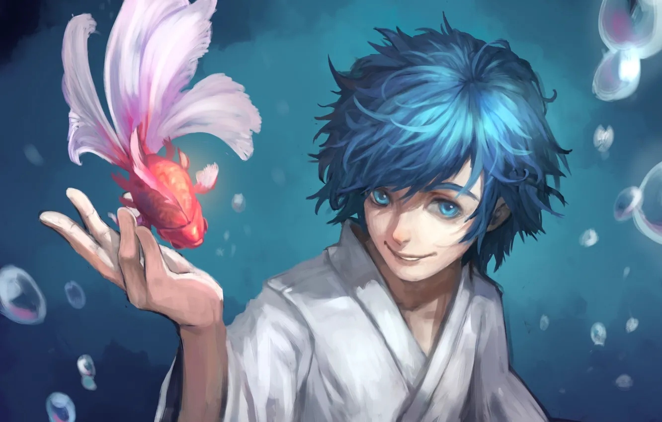 Photo wallpaper smile, bubbles, fish, art, guy, kimono, vocaloid, Vocaloid