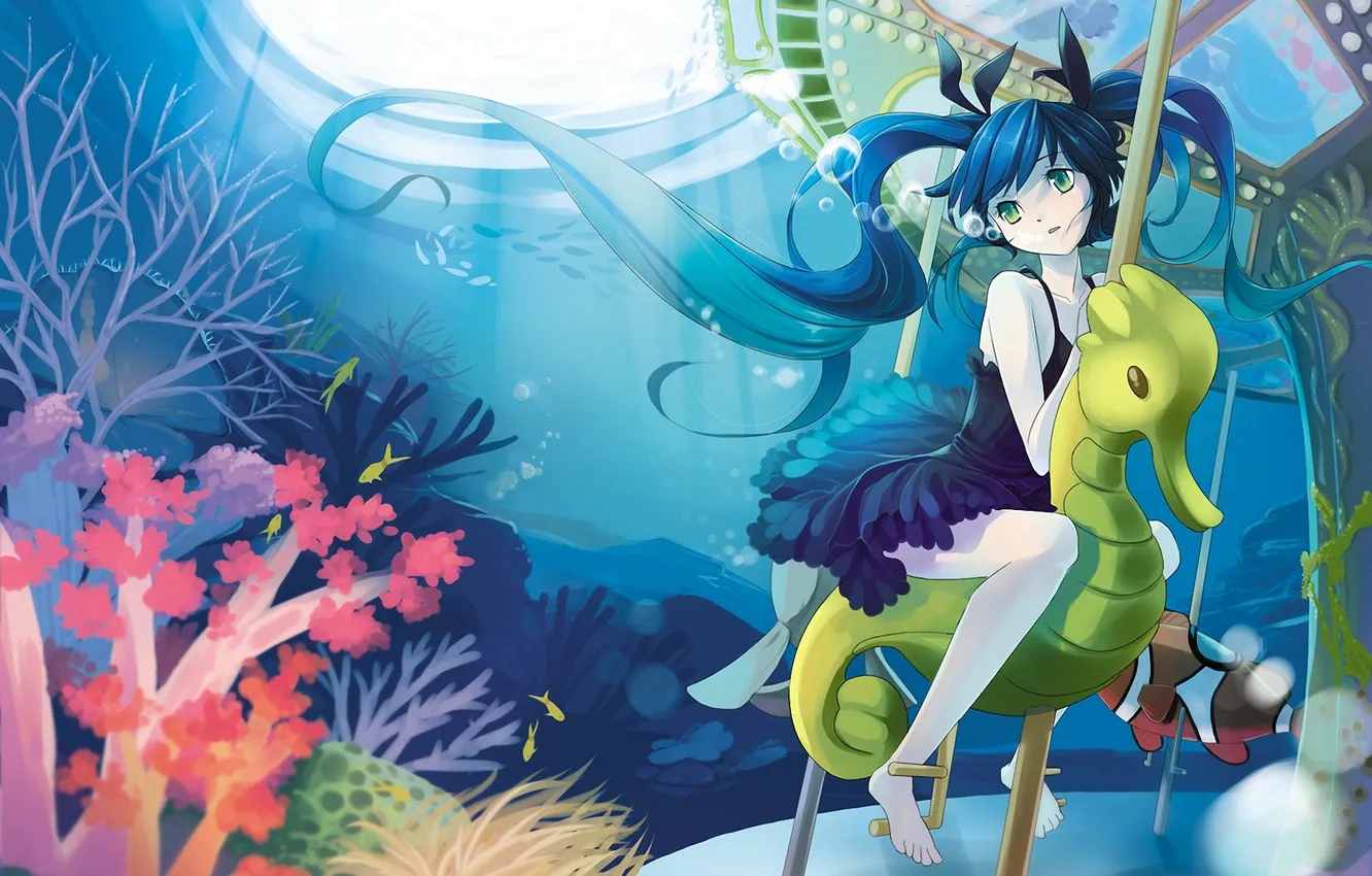 Photo wallpaper girl, bubbles, corals, art, seahorse, carousel, vocaloid, hatsune miku