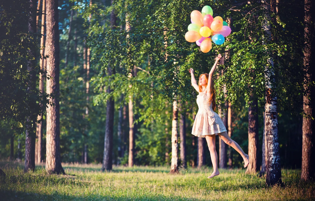 Photo wallpaper forest, grass, girl, balls, trees, flight, mood, birch