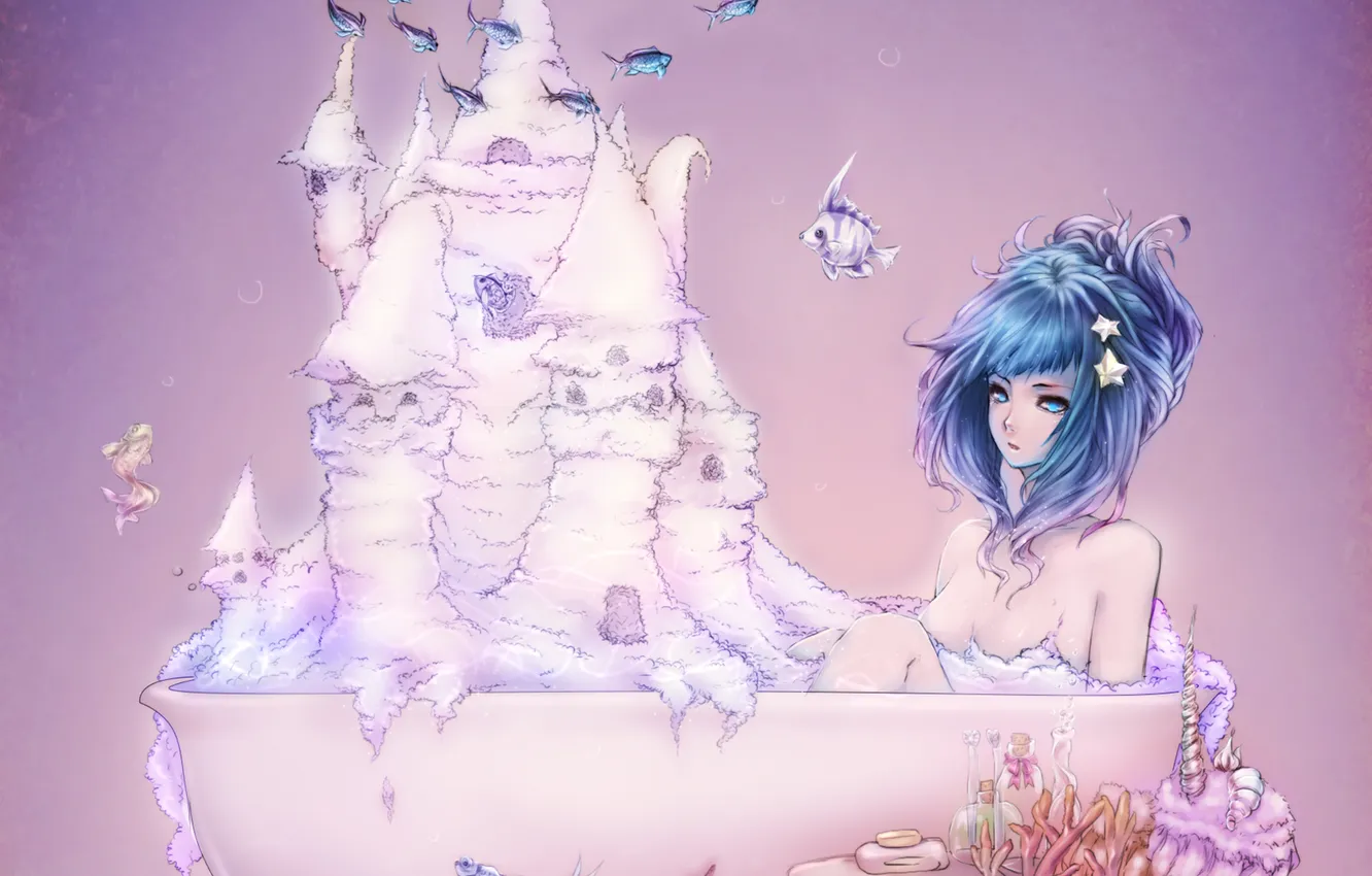 Photo wallpaper foam, girl, stars, fish, castle, corals, bath