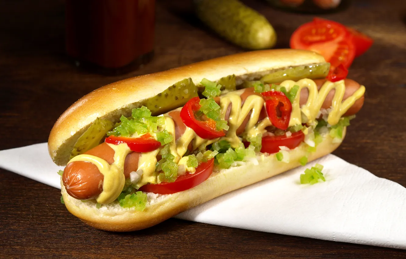 Photo wallpaper photo, Vegetables, Food, Fast food, Sausage, Hot dog