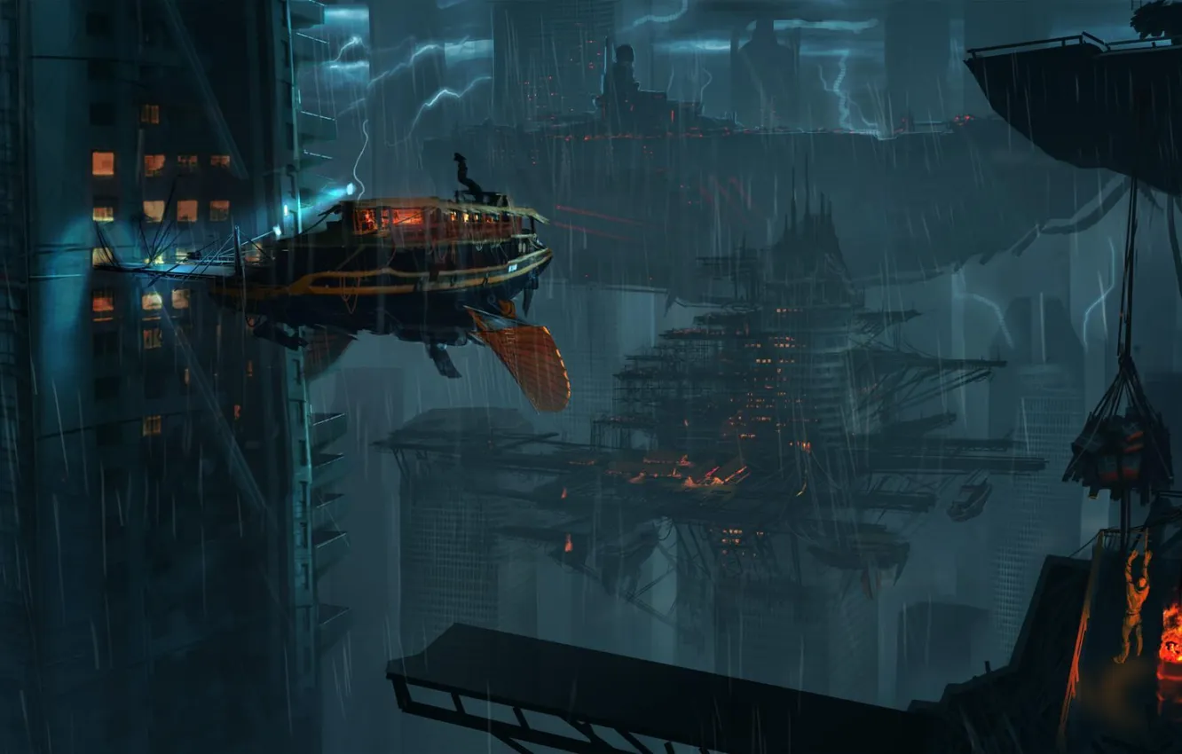 Photo wallpaper the storm, rain, ship, home, skyscrapers, flying