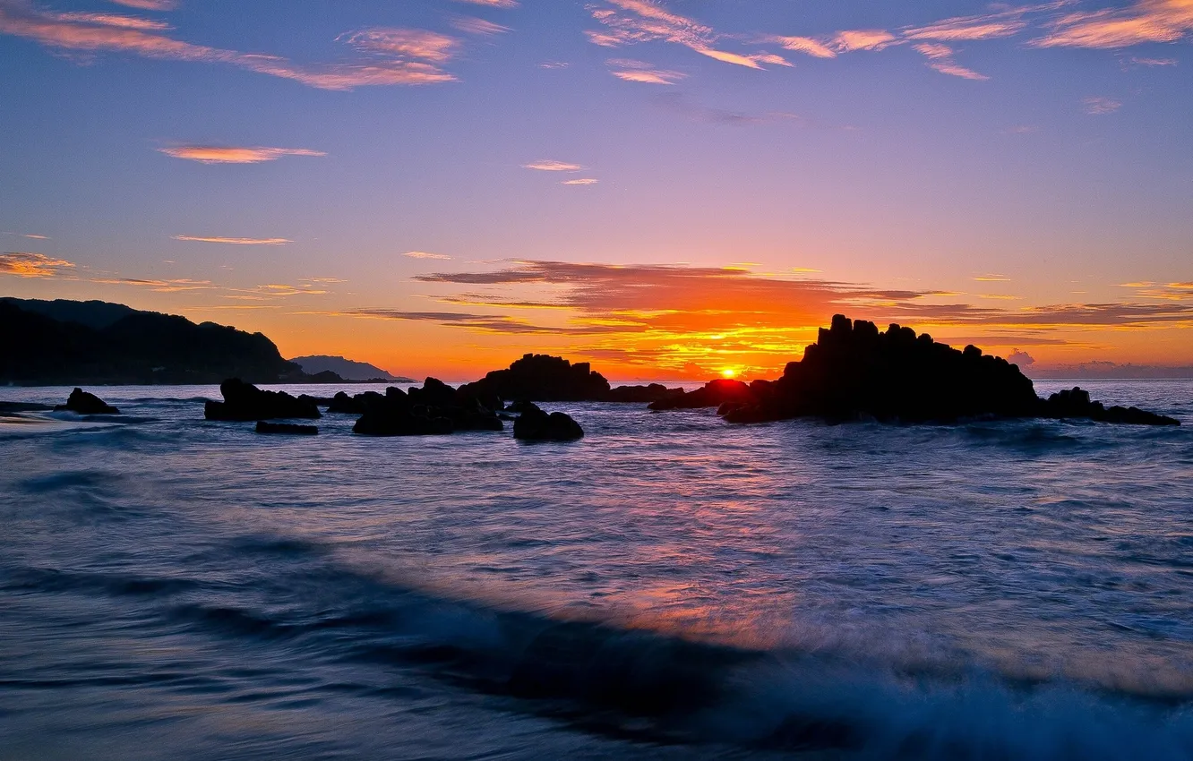 Photo wallpaper sea, sunrise, rocks