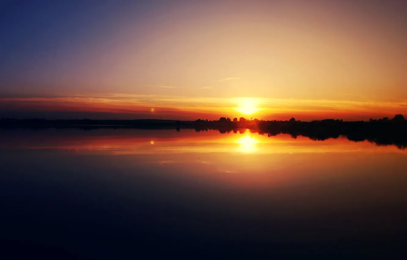 Photo wallpaper the sky, the sun, sunset, lake, surface
