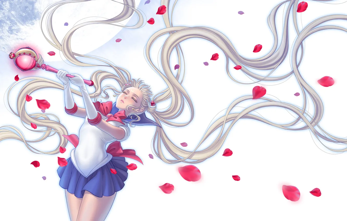 Photo wallpaper girl, the moon, petals, form, rod, sailor moon, Bishoujo senshi sailor moon, Tsukino Usagi