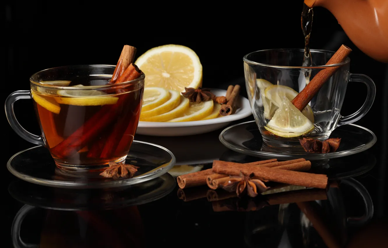 Photo wallpaper lemon, tea, kettle, Cup, cinnamon