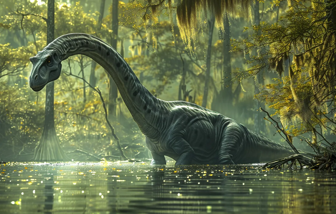 Photo wallpaper water, trees, animal, dinosaur, neck, digital art, Ancient animals, Extinct animals