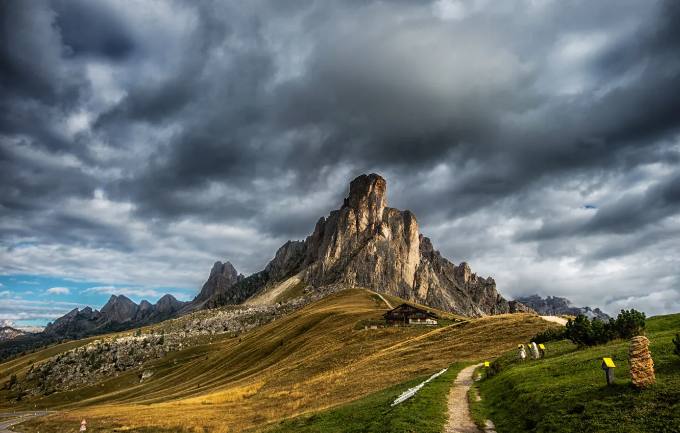 Photo wallpaper road, grass, clouds, house, rocks, mountain, Italy, path
