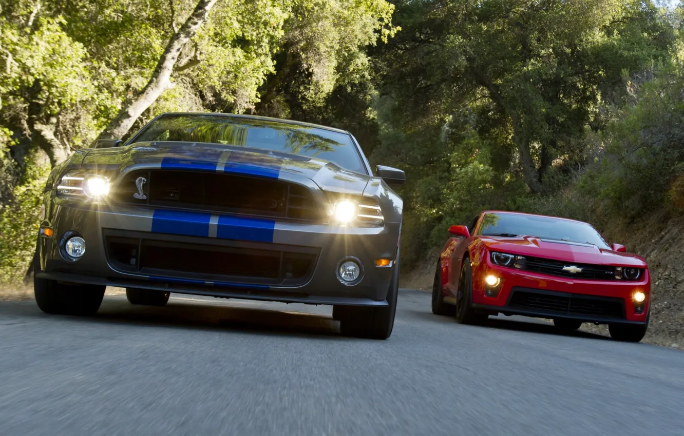 Photo wallpaper background, Mustang, Ford, Shelby, GT500, Chevrolet, Camaro, the front