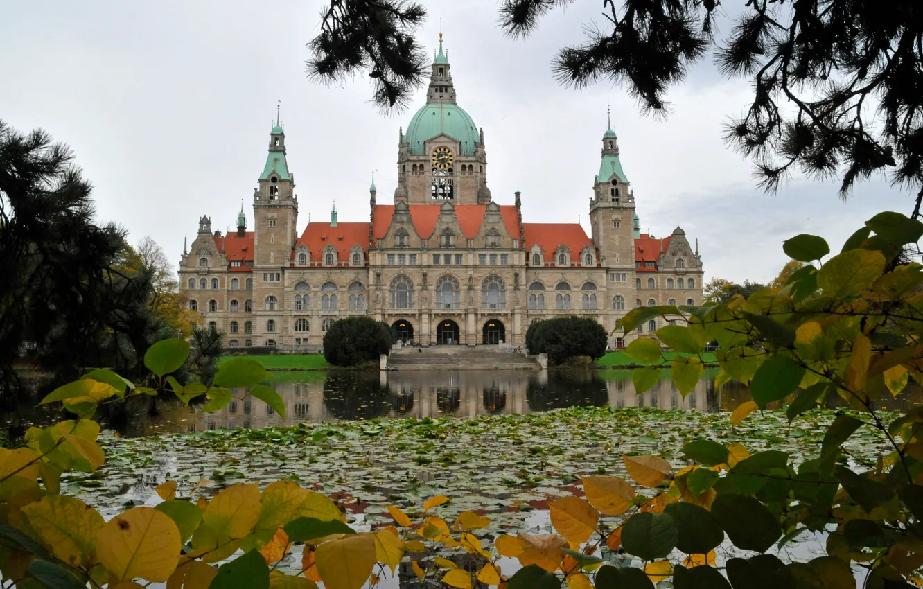 Photo wallpaper landscape, pond, Park, Germany, Hanover, new town hall