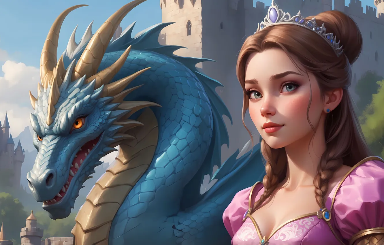 Photo wallpaper look, girl, blue, castle, blue, dragon, fantasy, Diadema