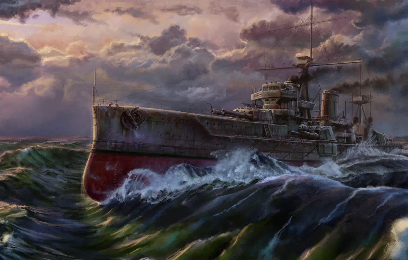 Photo wallpaper sea, wave, ship, gun, dreadnought