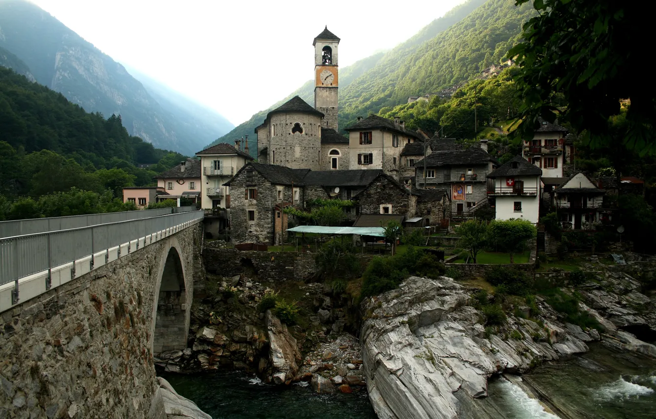 Photo wallpaper Mountains, River, Switzerland, Lavertezzo