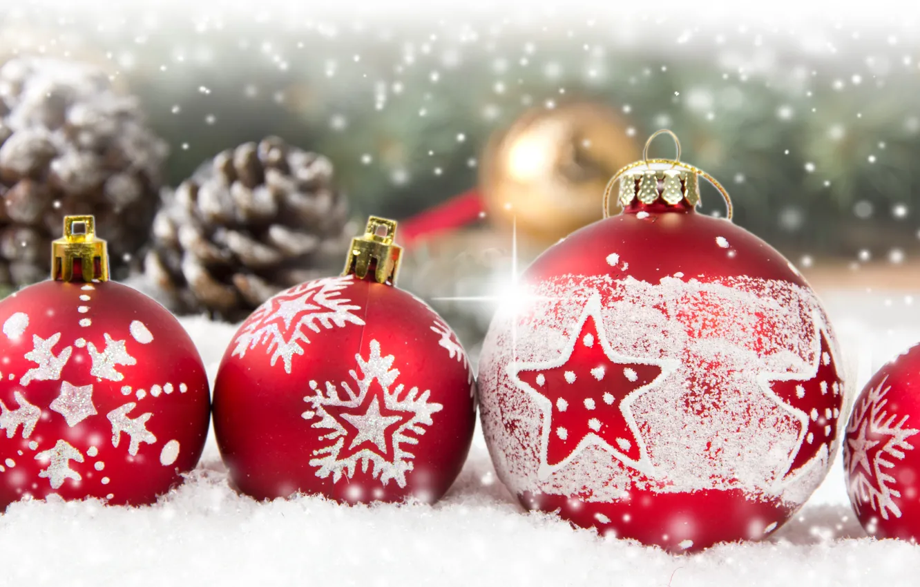 Photo wallpaper snow, decoration, balls, new year, Christmas, Christmas, snow, Merry