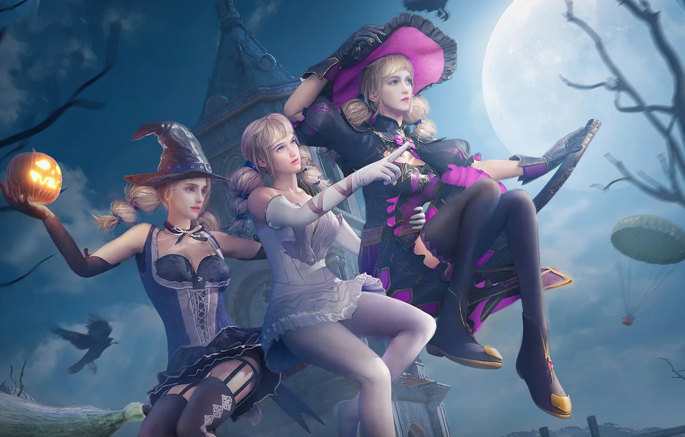 Photo wallpaper night, the moon, the game, pumpkin, haze, moon, game, Raven